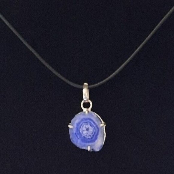 NEW Blue Druzy Quartz Geode Pendant On Black Leather 20" Cord - Picture 1 of 3